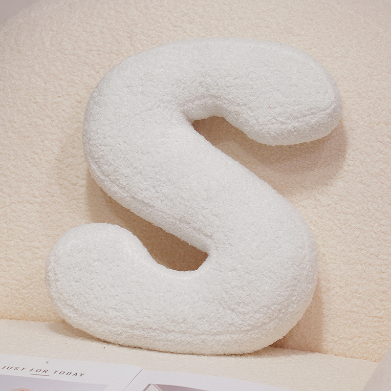 Letter S alphabet plush pillow, white teddy plush cushion for sofa and bed decor