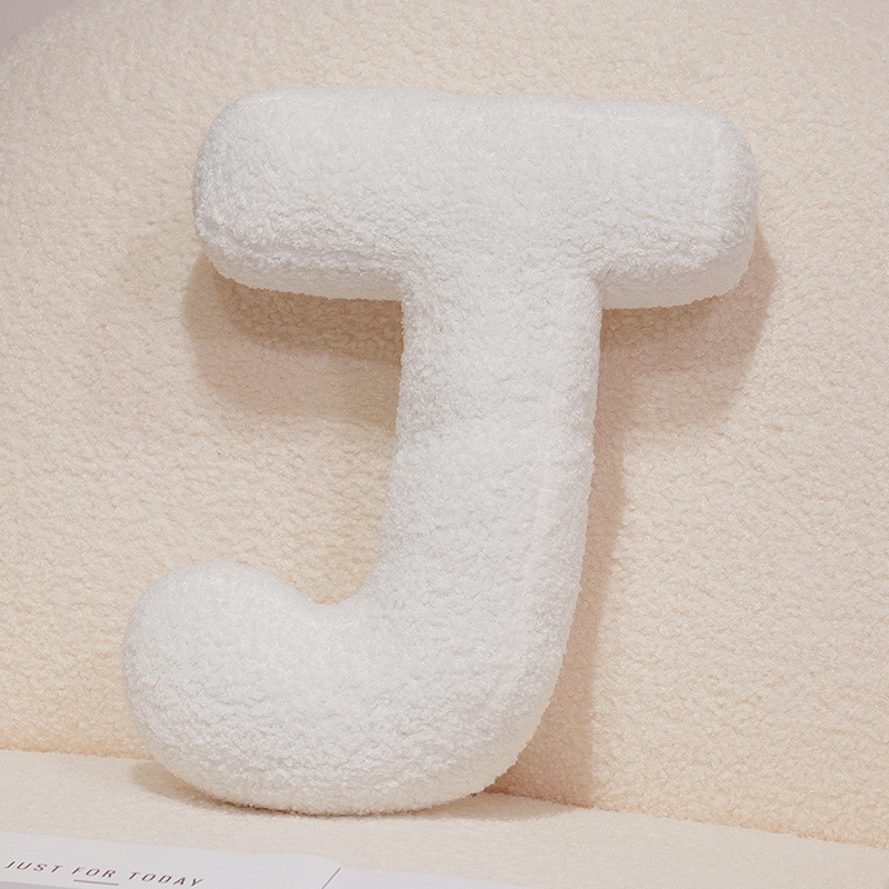 Letter J alphabet plush pillow, white teddy plush cushion for sofa and bed decor
