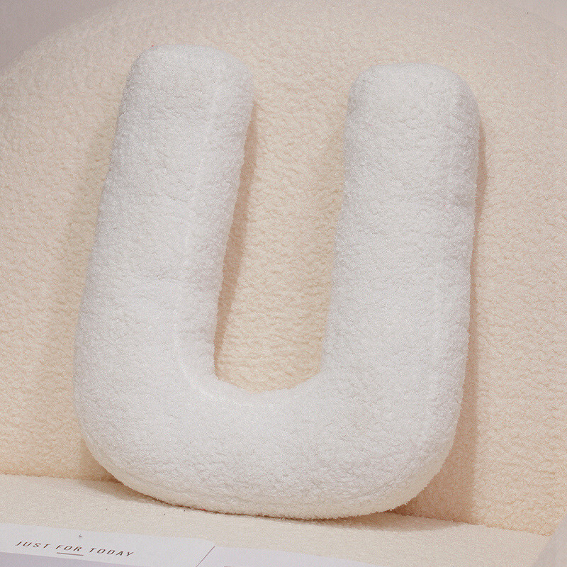 Letter U alphabet plush pillow, white teddy plush cushion for sofa and bed decor