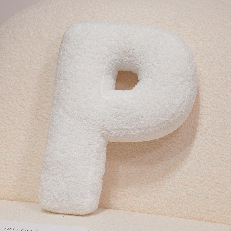 Letter P alphabet plush pillow, white teddy plush cushion for sofa and bed decor