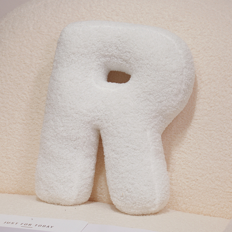 Letter R alphabet plush pillow, white teddy plush cushion for sofa and bed decor