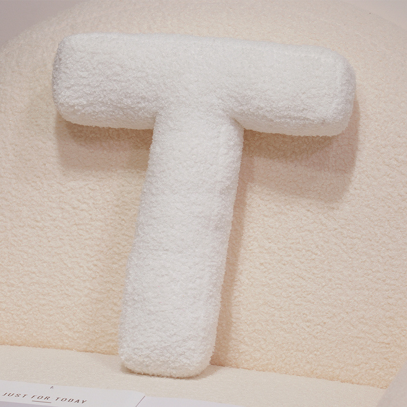 Letter T alphabet plush pillow, white teddy plush cushion for sofa and bed decor