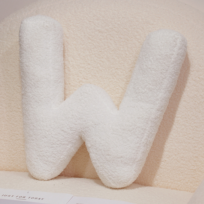 Letter W alphabet plush pillow, white teddy plush cushion for sofa and bed decor