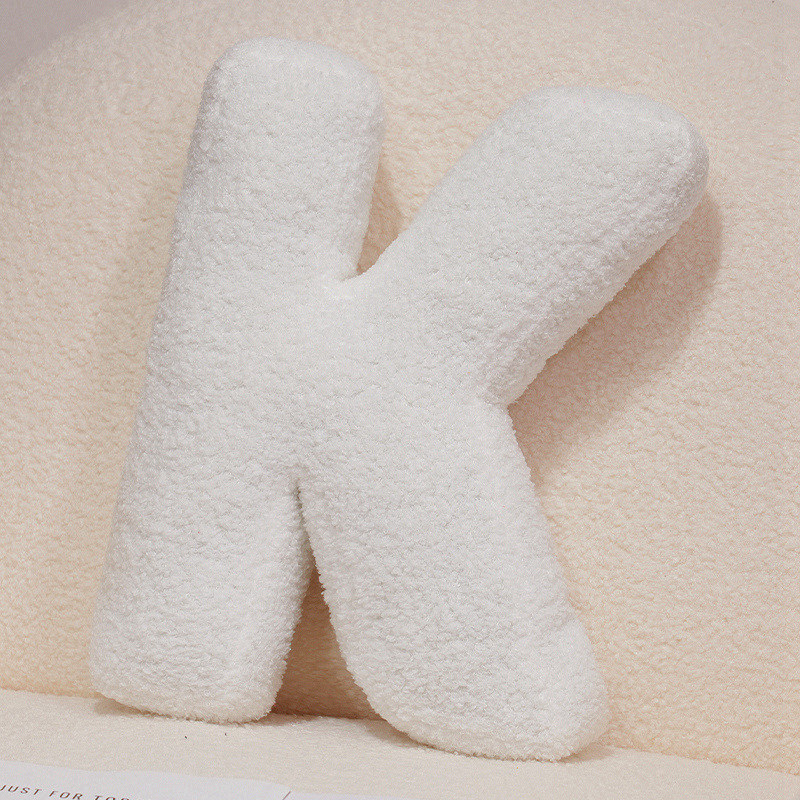 Letter K alphabet plush pillow, white teddy plush cushion for sofa and bed decor