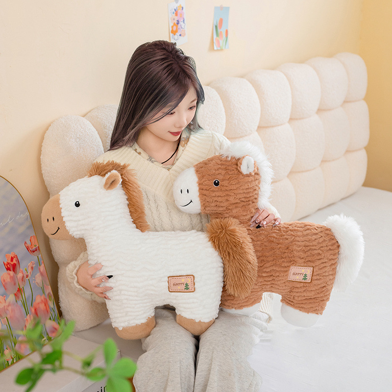 Soft 50cm horse plush pillows in white and brown, fluffy animal cushions perfect for hugging and bedroom decor