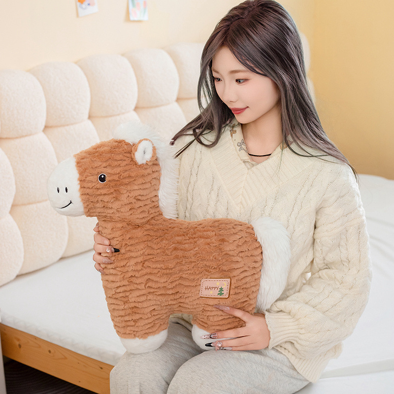 Brown horse plush pillow with textured plush fabric, 50cm soft animal cushion for sofa or bedroom decor