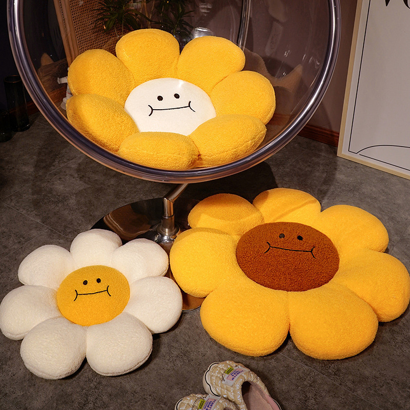 Sunflower plush cushions in multiple sizes placed on floor and chair, soft flower seat pillows with supportive plush filling