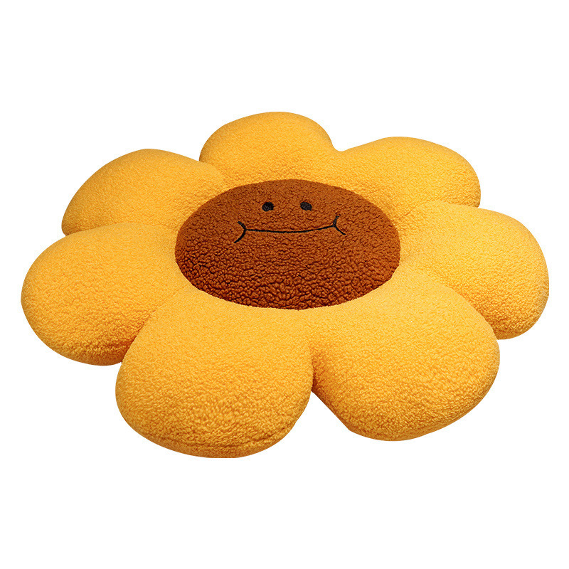 Sunflower plush cushion with yellow petals and brown center, soft round flower floor pillow with thick padded design