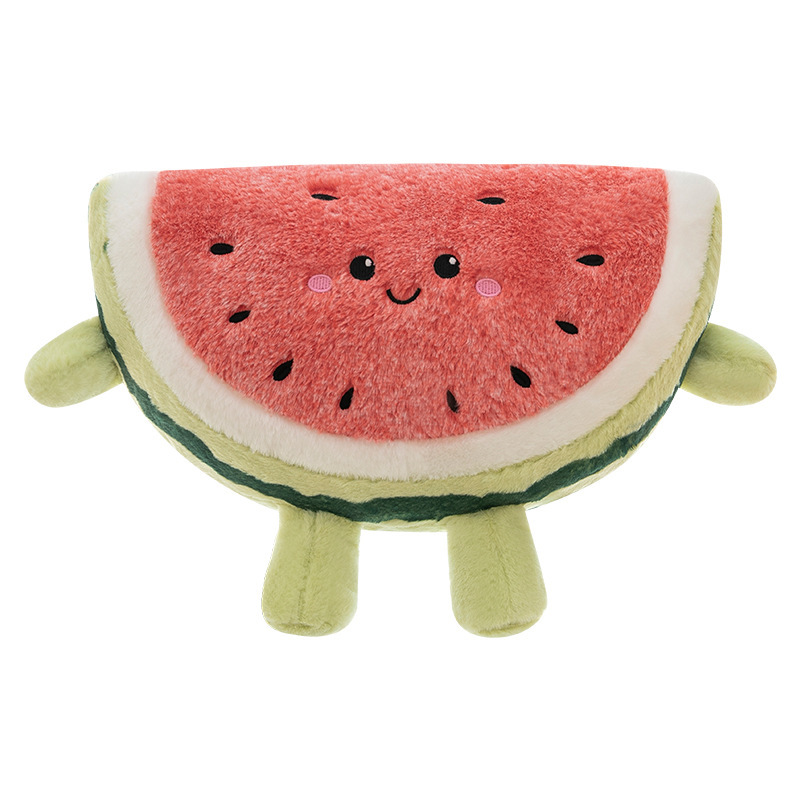 Watermelon plush pillow with soft plush fabric, embroidered smile and small limbs on white background