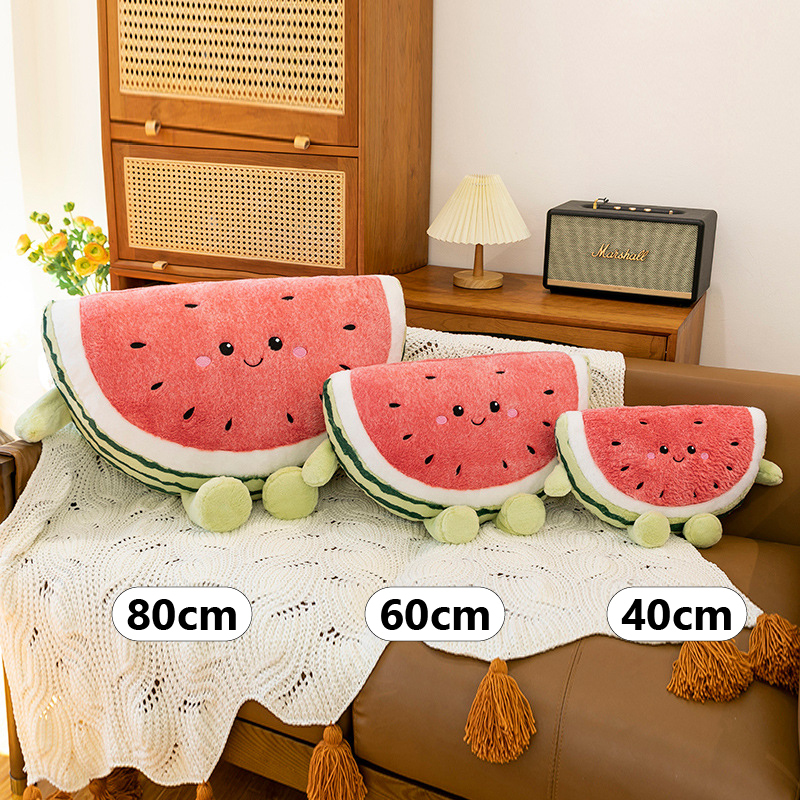 Watermelon plush pillow size comparison 80cm 60cm 40cm displayed on sofa