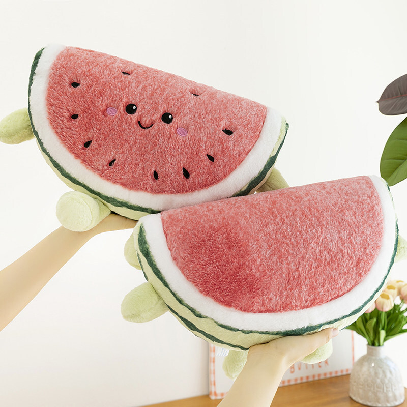 Watermelon plush pillow showing front smiling face and back design detail
