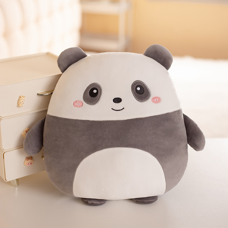 Panda plush pillow 36cm in grey and white, soft rounded stuffed cushion for cozy living room or bedroom