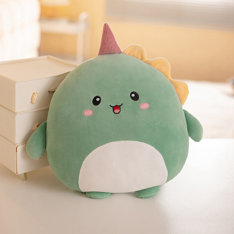 Dinosaur plush pillow 36cm in green with soft spikes, round stuffed animal cushion for sofa and bed decor