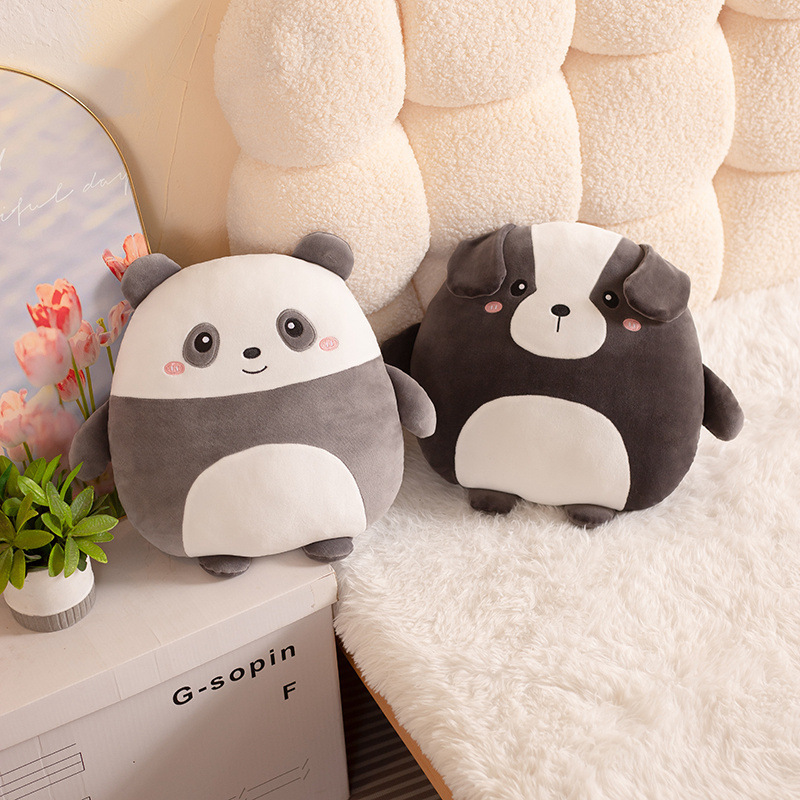 Panda and dog 36cm hess animal plush pillows displayed on a bedside surface with soft bedding in a calm and inviting home decor scene