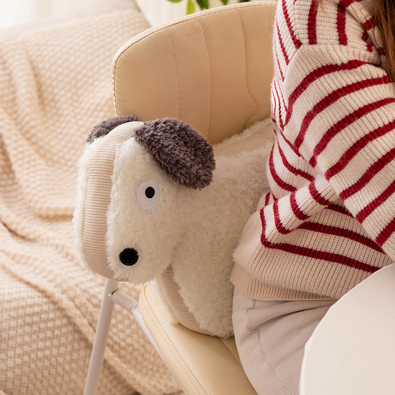 Dog design maggie animal plush pillow placed against a chair back, showing thick cushioning and supportive structure for comfortable seating