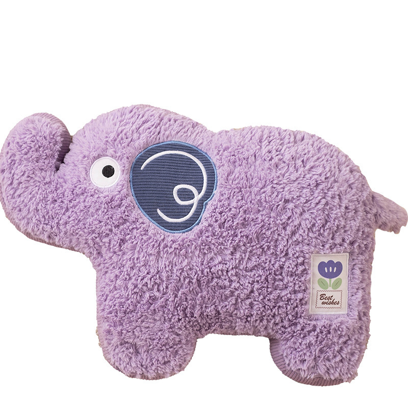 Purple elephant maggie animal plush pillow in soft textured fabric with embroidered ear detail and compact 45cm shape