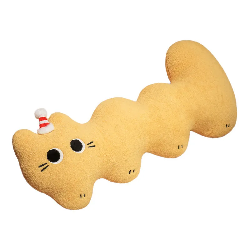 Cloud cat long plush pillow in yellow on white background, soft elongated body cushion featuring playful cat design and plush texture