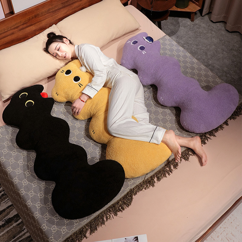 Cloud cat long plush pillow in multiple colors, curved plush body pillow designed for cuddling, relaxing and comfortable side sleeping in a bedroom setting
