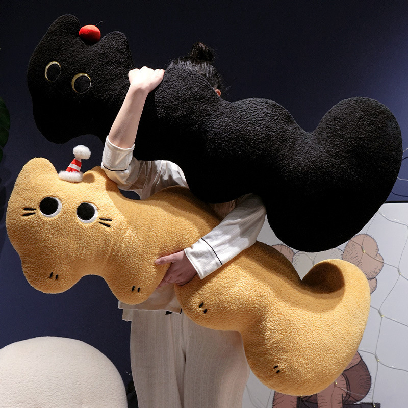 Cloud cat long plush pillow in black and yellow, soft curved body cushion with elongated design for hugging and comfortable full body support