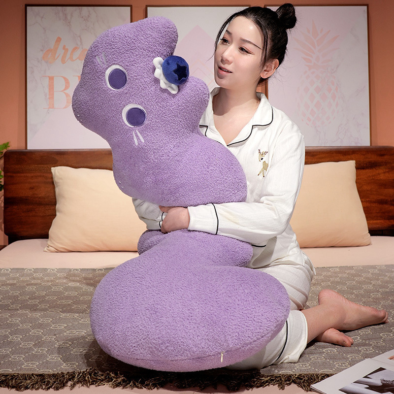 Cloud cat long plush pillow in purple, curved plush body cushion with soft texture and playful cat details designed for cuddling and relaxation