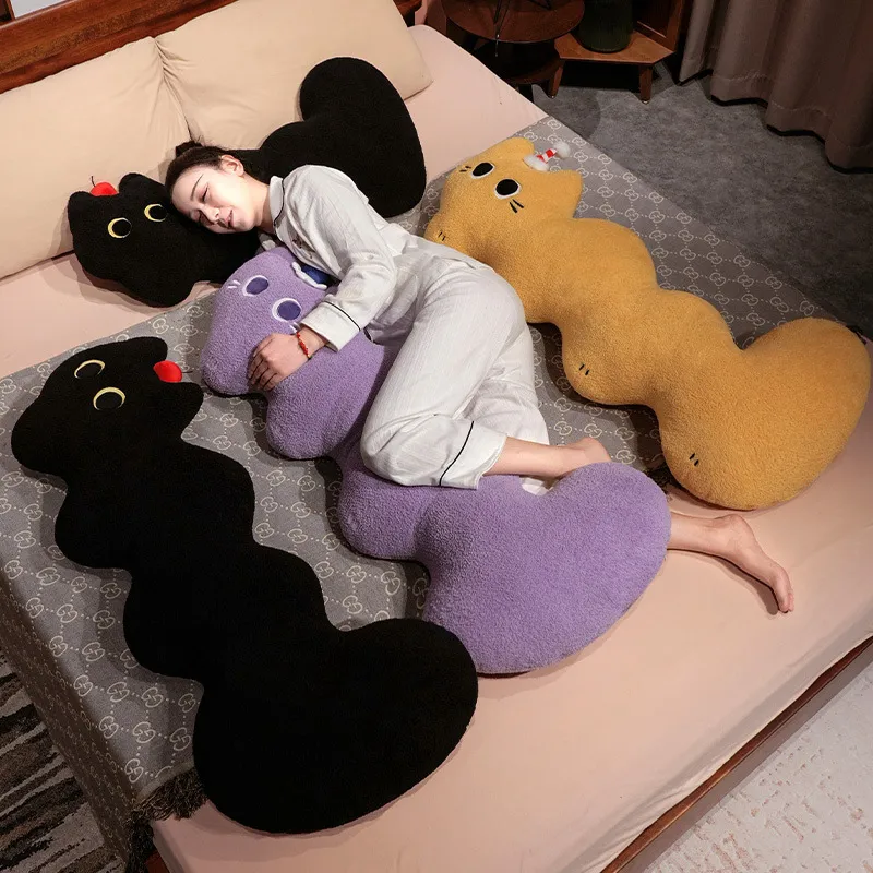 Cloud cat long plush pillow in black, yellow and purple, curved plush body pillow ideal for cuddling, side sleeping and comfortable full body support