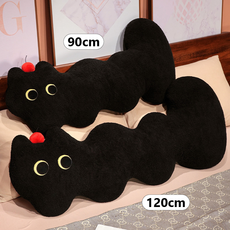 Cloud cat long plush pillow in black shown in 90cm and 120cm sizes, soft elongated body design placed on a bed for hugging and full body support