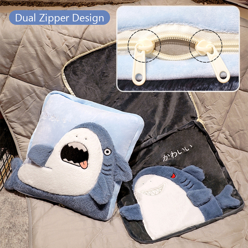 Close-up of the dual zipper design on the shark plush pillow blanket, showing smooth zipper detail for easy conversion between pillow and blanket