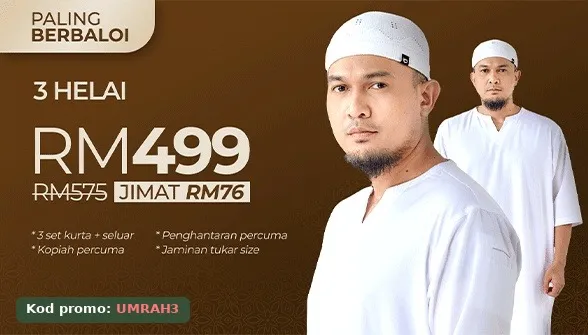 Promo 3 helai RM499 - 3 set kurta dan seluar, kopiah percuma, penghantaran percuma, jaminan tukar saiz - kod promo UMRAH3