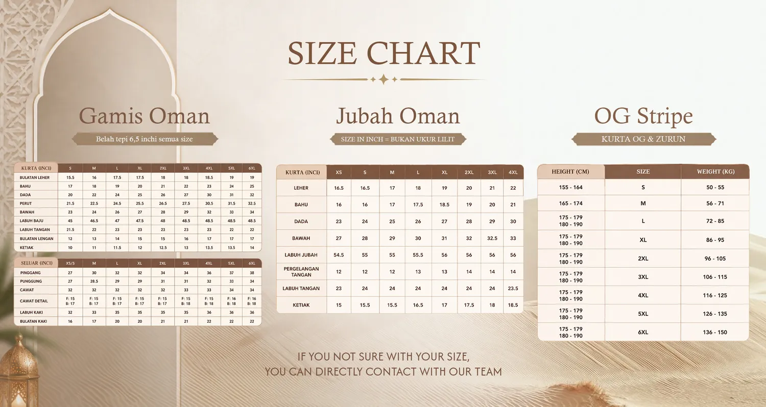 Size Chart Gamis Oman Jubah Oman OG Stripe