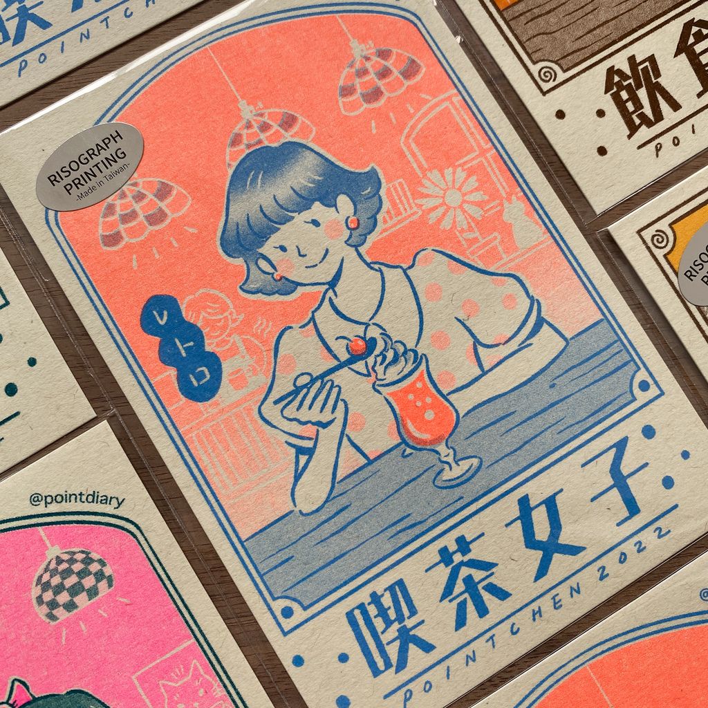 卡片_Riso 明信片－喫茶女子 (短髮 藍橘)