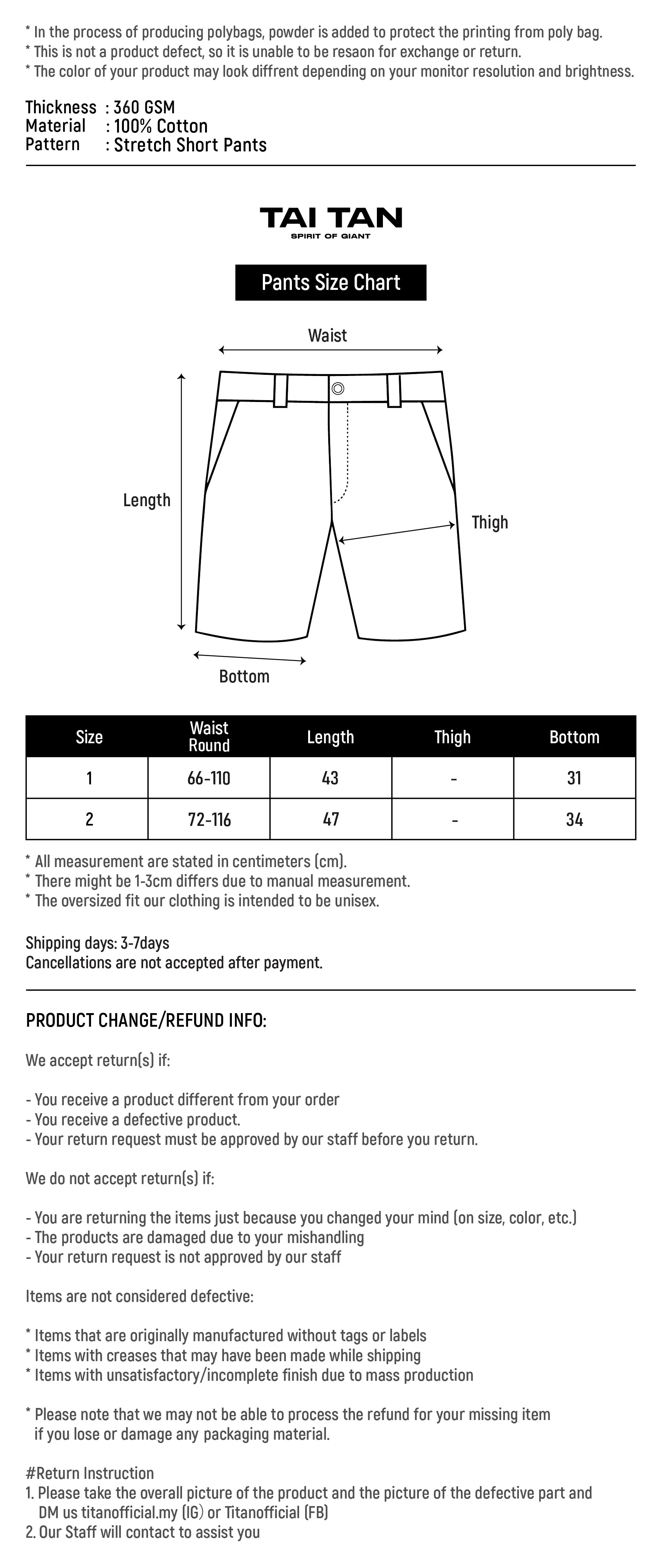 T MONSTER SHORT PANTS SIZE CHART