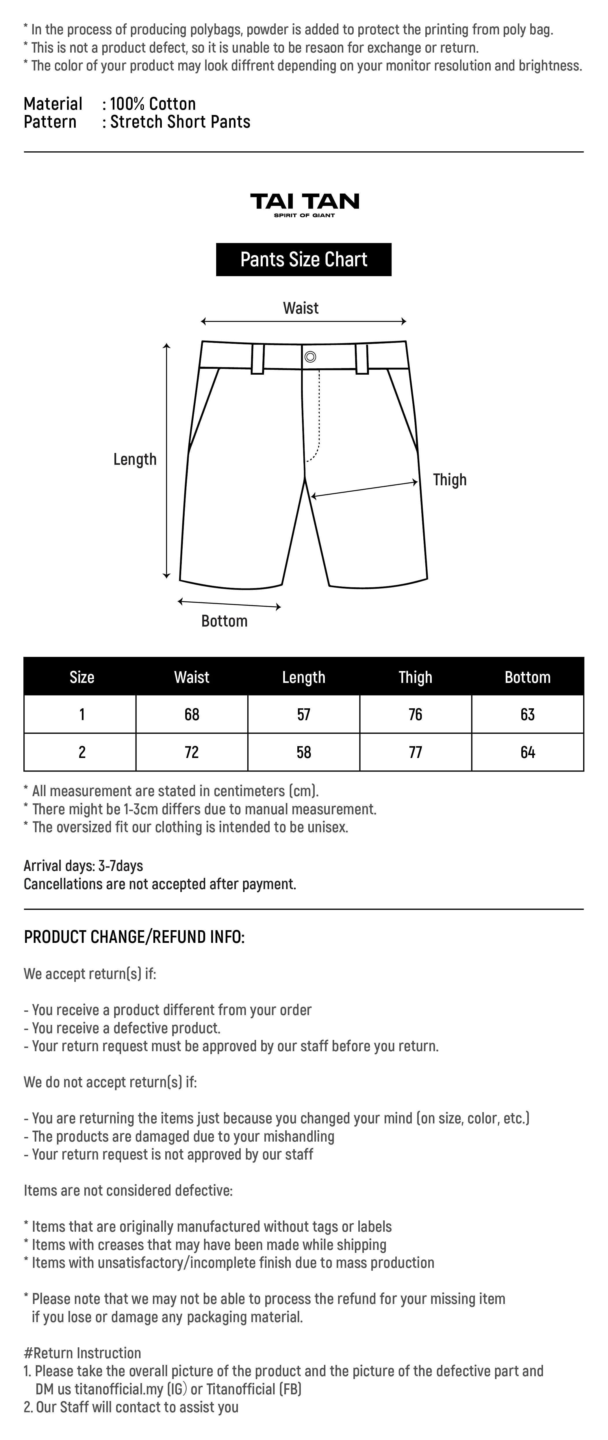 STRETCH SHORT PANTS SIZE CHART
