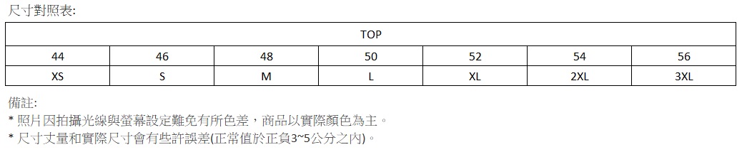 TOP 尺寸表