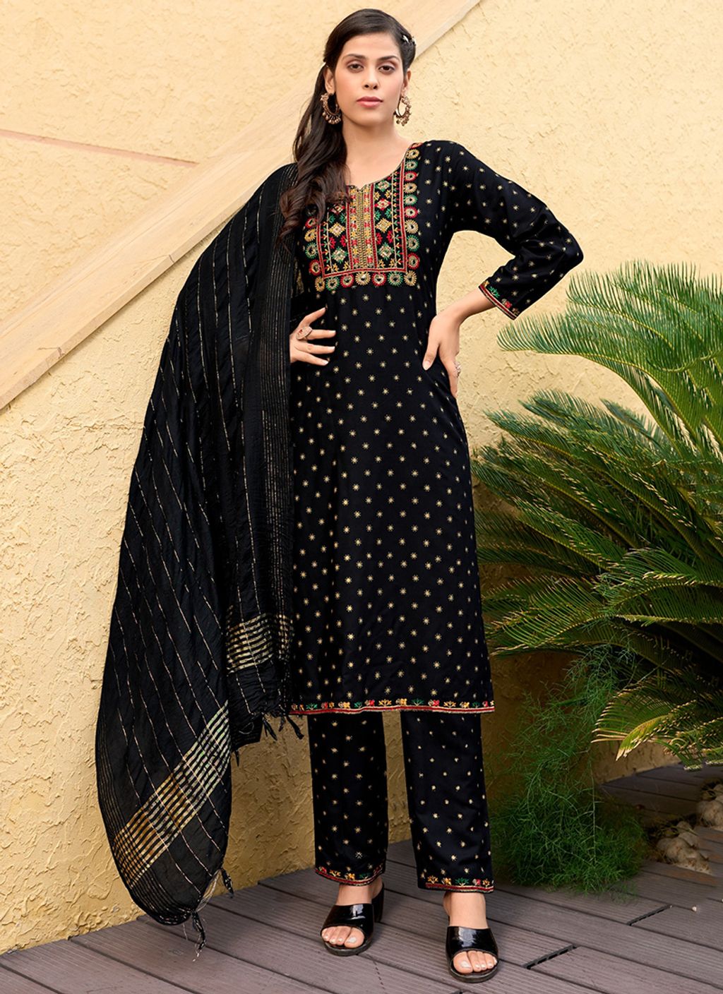 Black-Rayon-Traditional Wear-Embroidery Work-Readymade Kurta Set-KHWAISH-1002