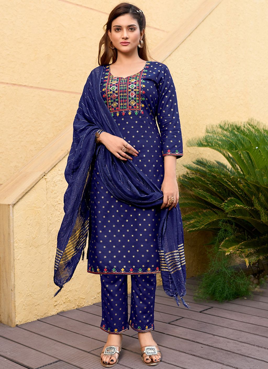 Royal Blue-Rayon-Traditional Wear-Embroidery Work-Readymade Kurta Set-KHWAISH-1003