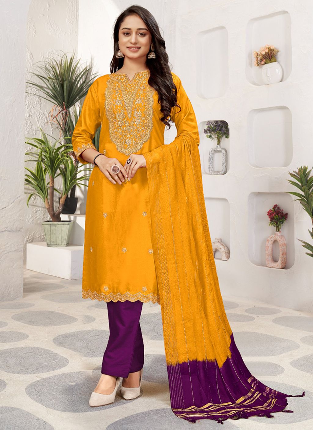 Mustard-Rayon-Festival Wear-Embroidery Work-Readymade Kurti Set-AL-FATHIMA-SHREELEELA-1003