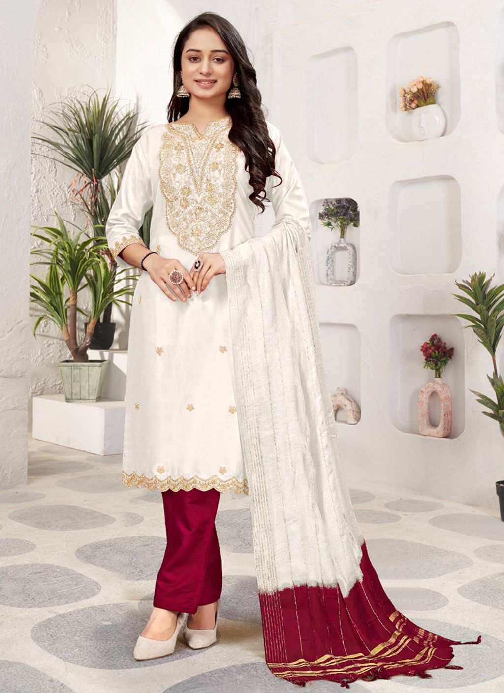 White-Rayon-Festival Wear-Embroidery Work-Readymade Kurti Set-AL-FATHIMA-SHREELEELA-1006