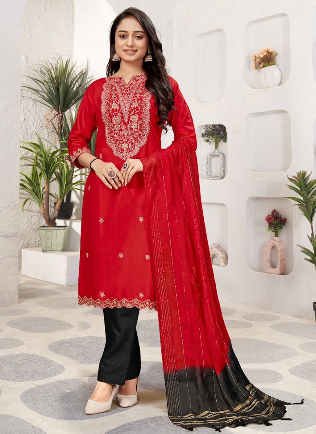 Red-Rayon-Festival Wear-Embroidery Work-Readymade Kurti Set-AL-FATHIMA-SHREELEELA-1001