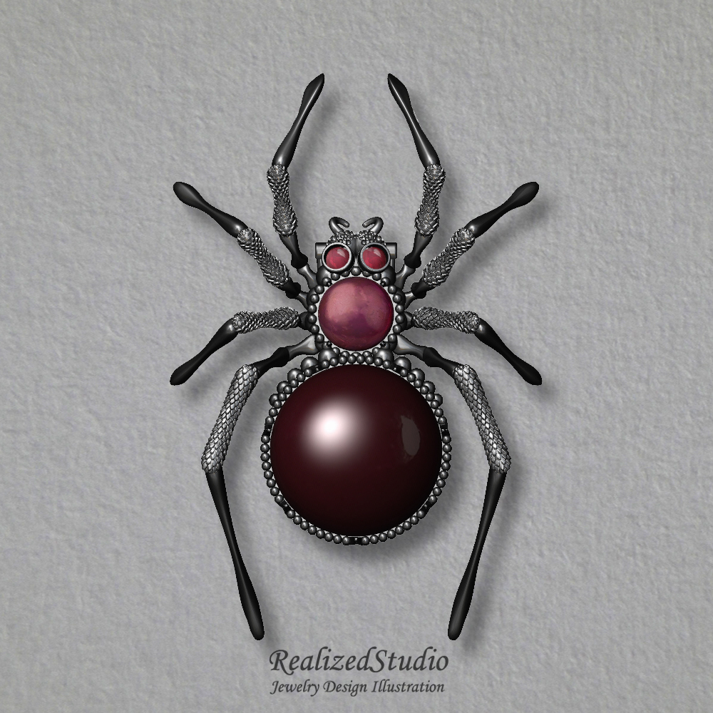 HP20102 widow spider bolo brooch garnet silver realizedstudio design illustraion render gouache rzsk