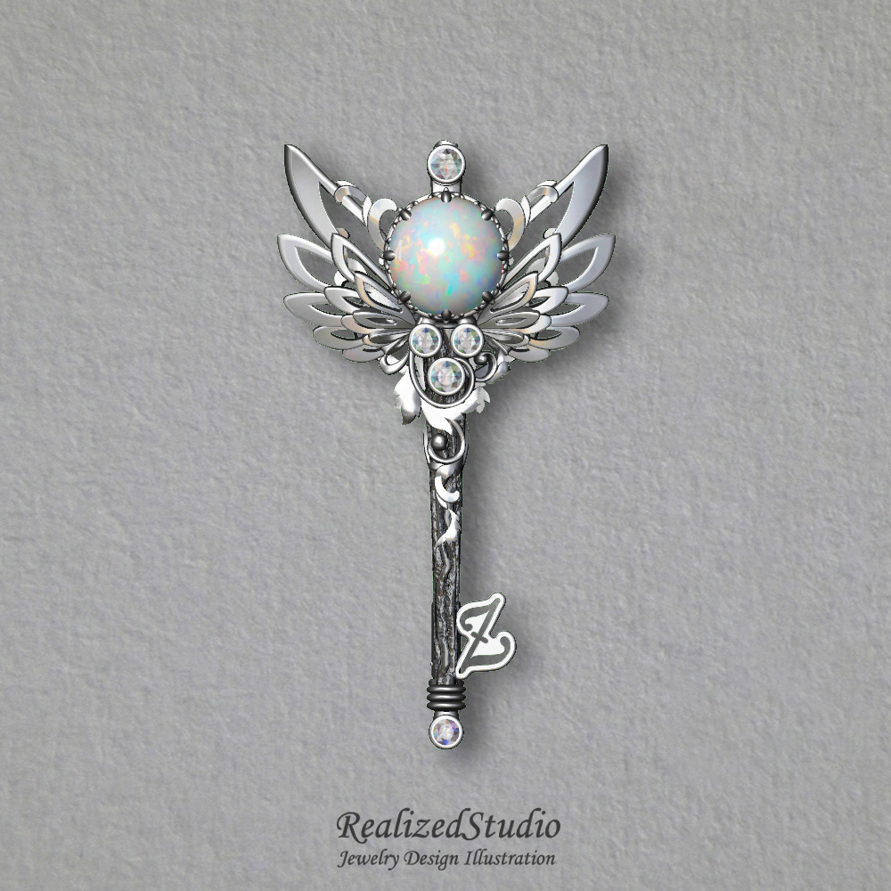 hp21125 crystal opal white angle wings key pendant silver realizedstudio design illustration gouache rzsk