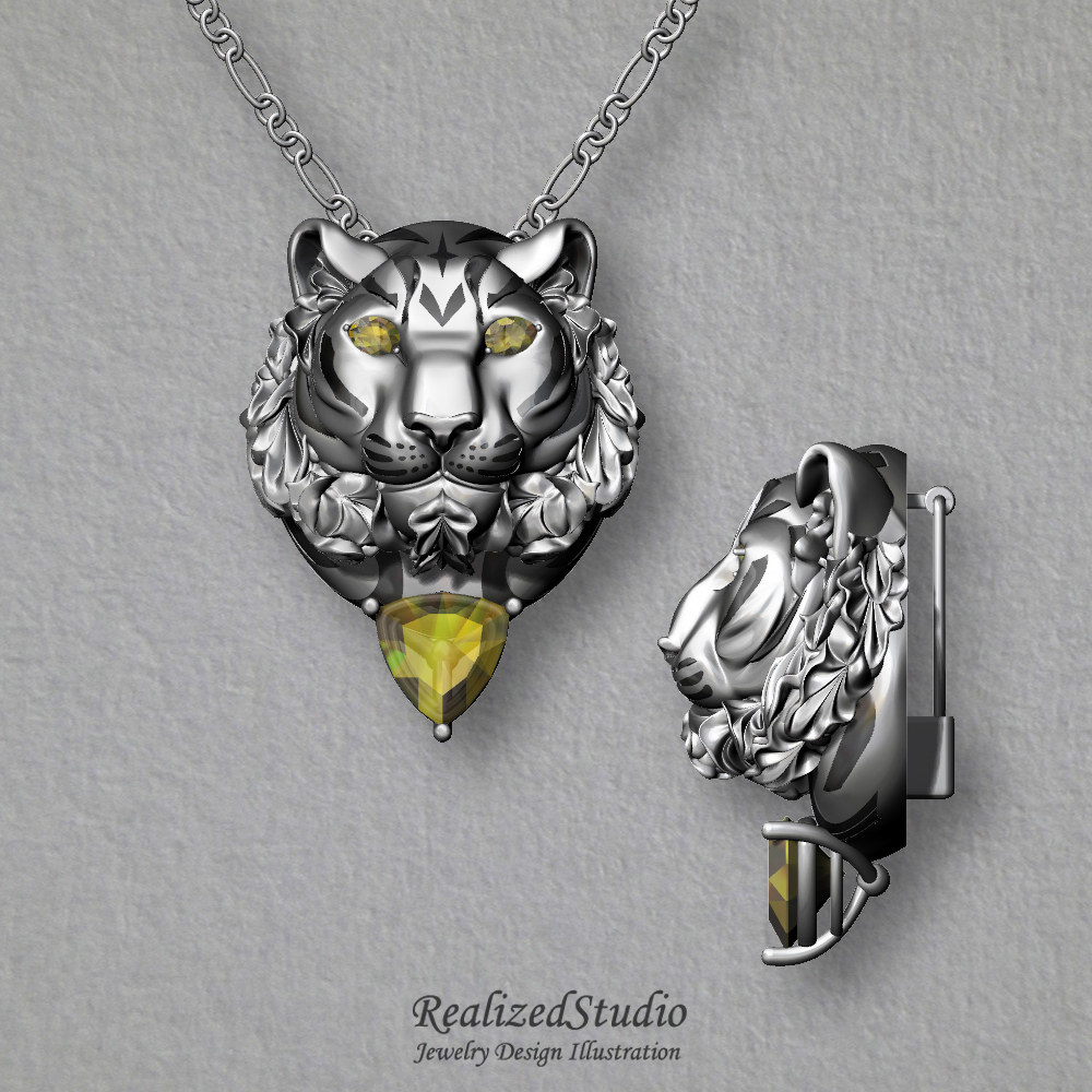H22128 tiger silver brooch pendant realizedstudio design illustraion render gouache rzsk