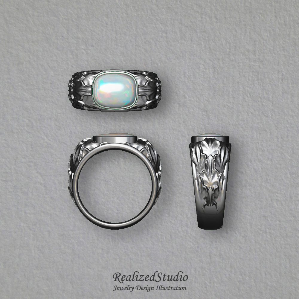 ZR22101 oak leaf deocr opal silver ring bespoke realizedstudio design illustration gouache rzsk