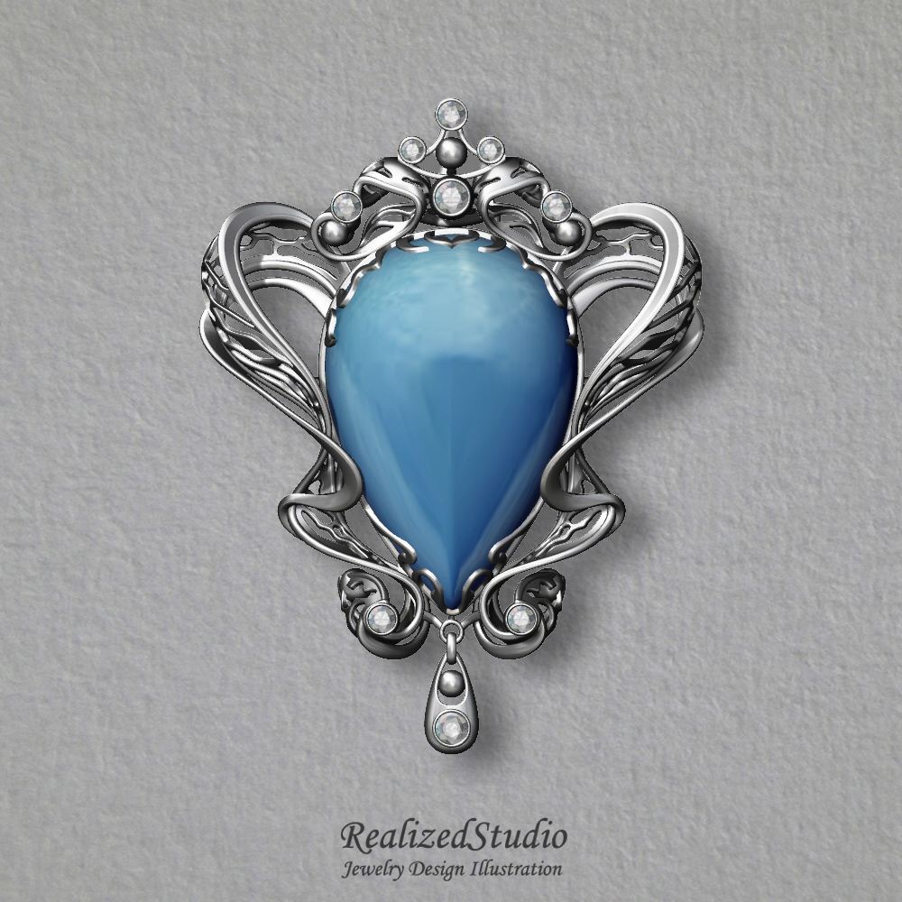 HP21507 Undine aqua brooch realizedstudio design illustration gouache rzsk