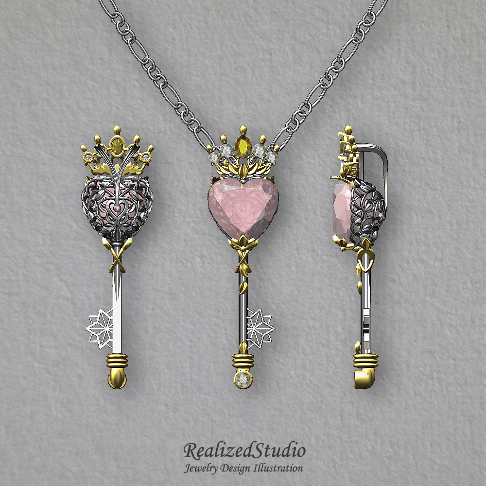 P22731 princess heart key pendant rose quartz bprzsk v2 realizedstudio design illustration gouache rzsk