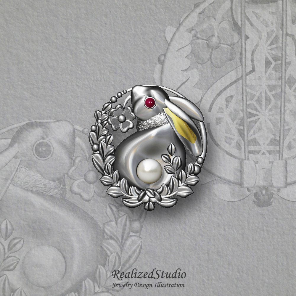 HP23101 rabbit bunny silver brooch pearl realizedstudio design illustration gouache rzsk3