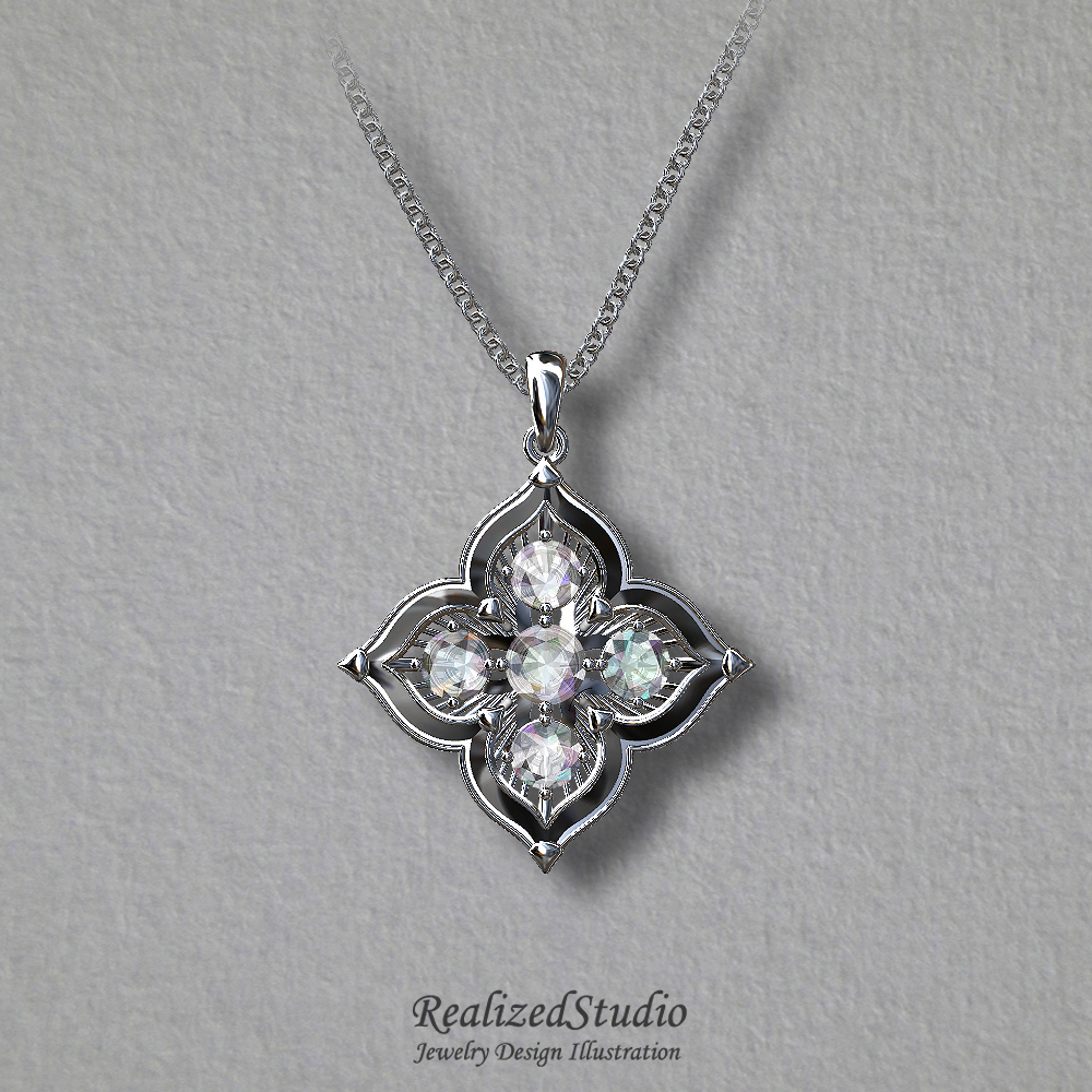 ZP19W11 black enamel hydrangea flower diamonds pendant realizedstudio design illustraion render gouache rzsk
