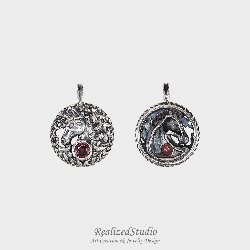 P26100n59-1 unicorn horse amulet pendant 20mm zircon red brown rzsk 006