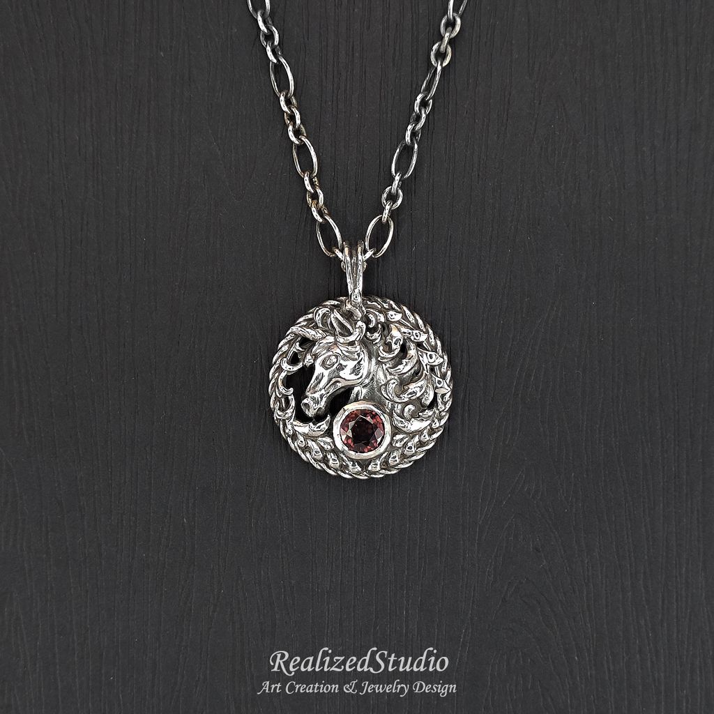 P26100n59-1 unicorn horse amulet pendant 20mm zircon red brown rzsk 001