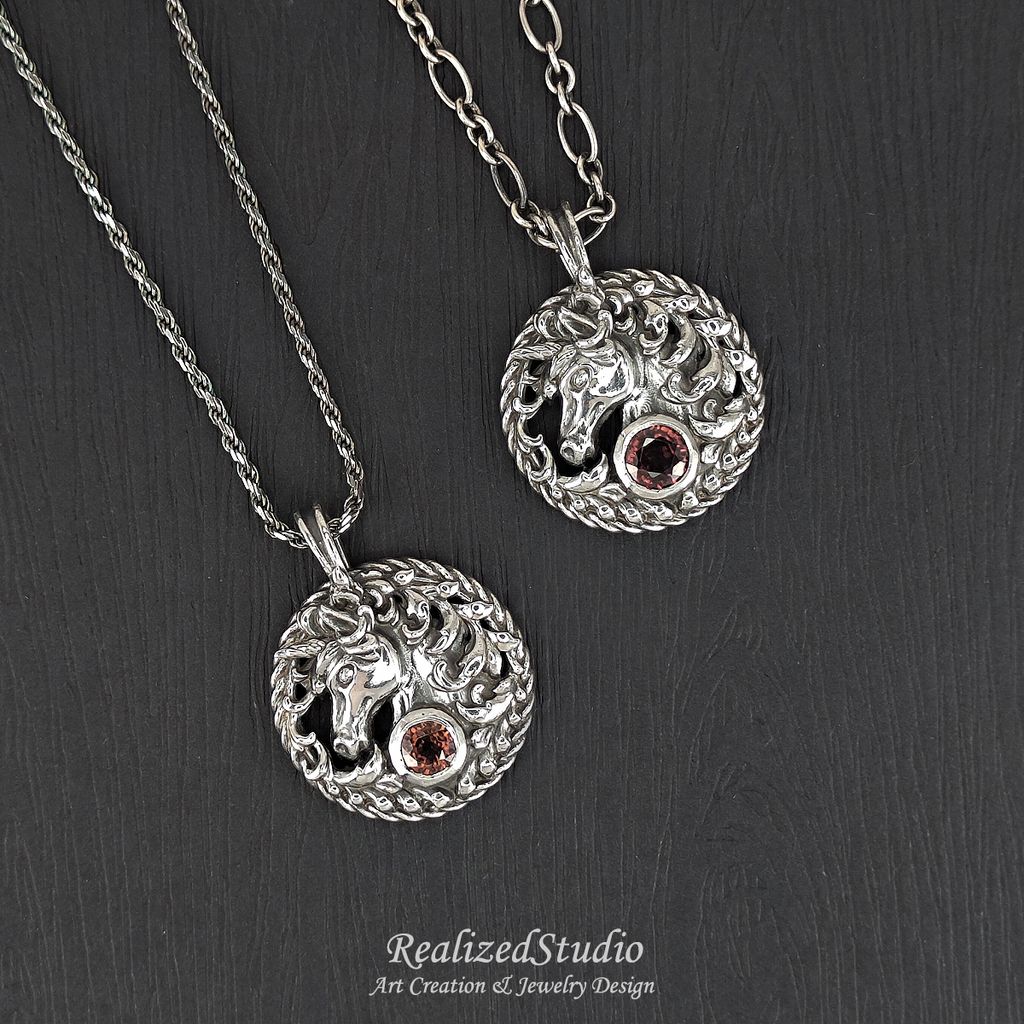 P26100n59-1 unicorn horse amulet pendant 20mm zircon red brown rzsk 002