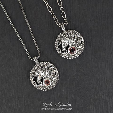 P26100n59-1 unicorn horse amulet pendant 20mm zircon red brown rzsk 002